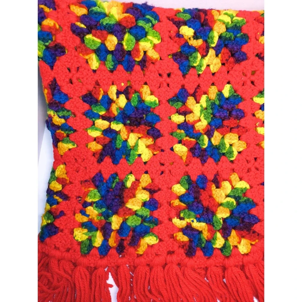 Handmade Granny Square Afghan Crochet Throw‎ Blanket Fringe 3x4 Red Yellow Green